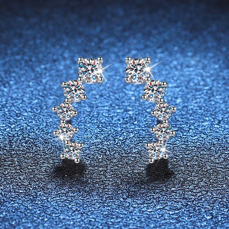 Curved Five-Stone 925 Sterling Silver Moissanite Stud Earrings