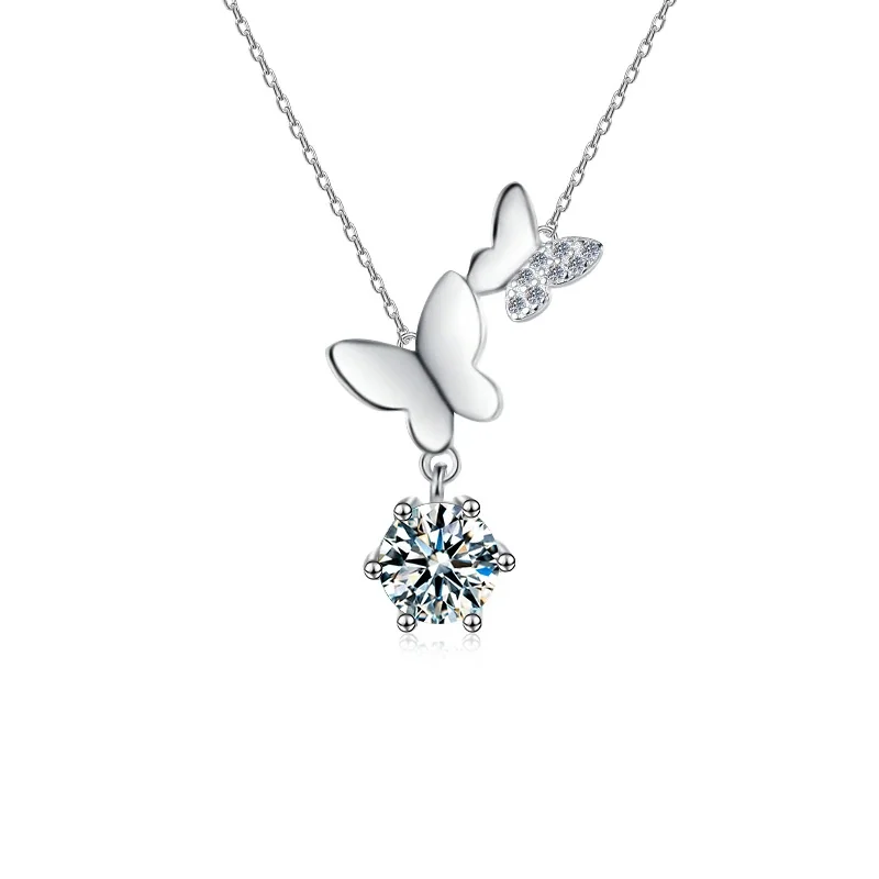 Graceful 925 Sterling Silver Triple Butterfly Round Moissanite Pendant Necklace