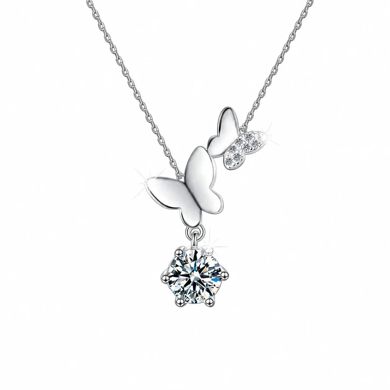 Graceful 925 Sterling Silver Triple Butterfly Round Pendant Necklace