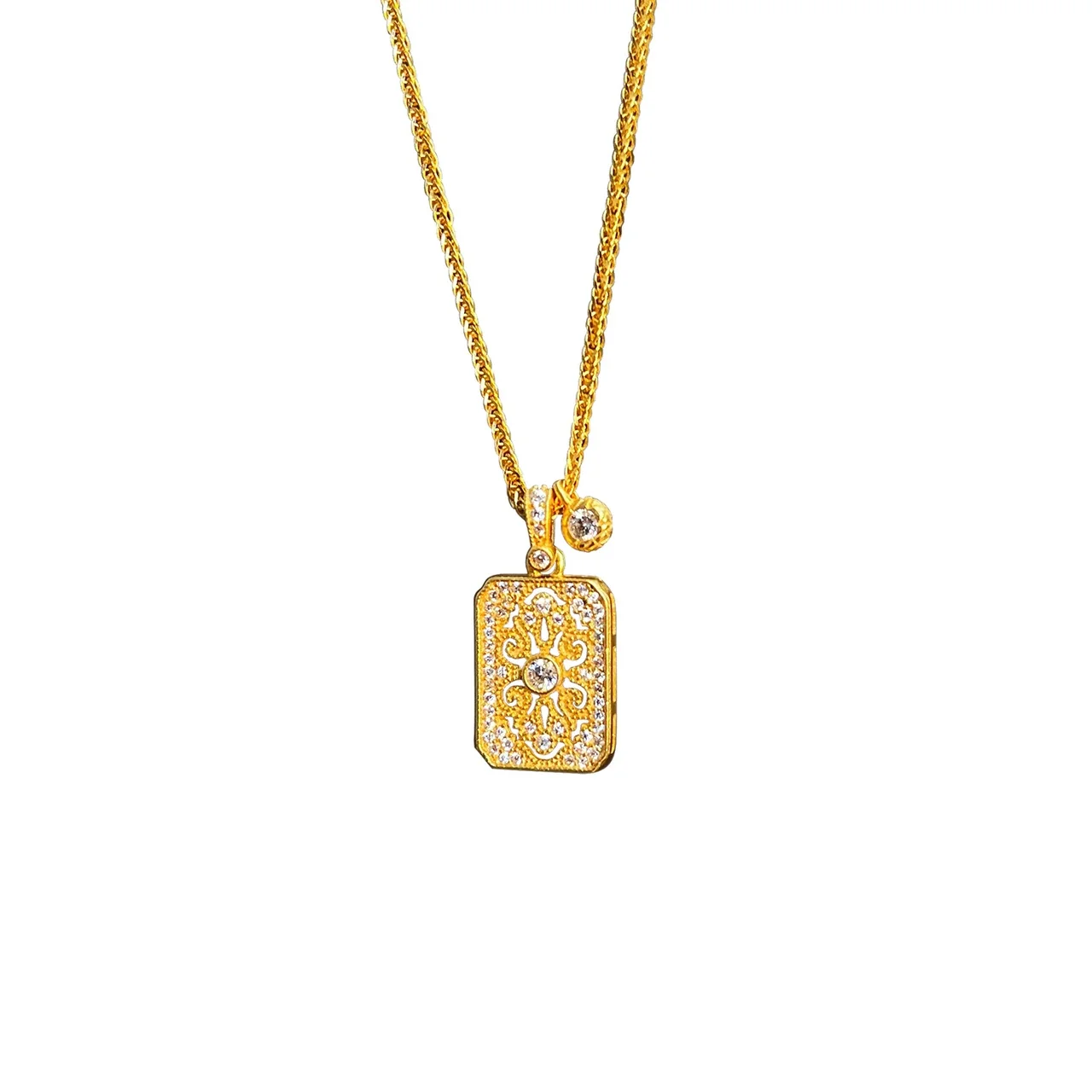 Ornate 925 Sterling Silver Scrollwork Pavé Pendant Necklace - Gold