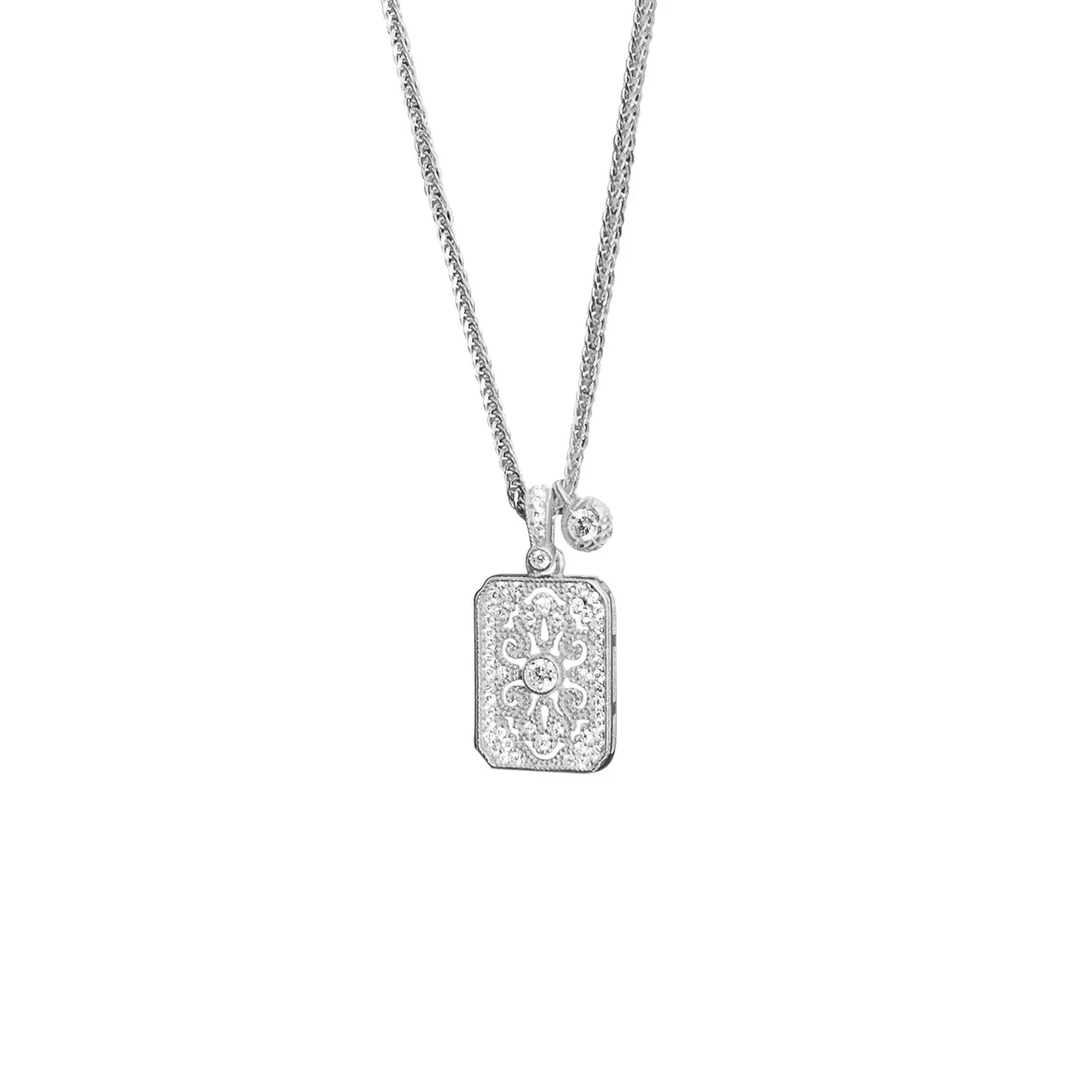 Ornate 925 Sterling Silver Scrollwork Pavé Pendant Necklace - Silver