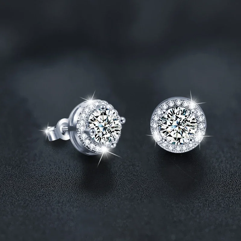 Halo Four-Prong Round Moissanite 925 Sterling Silver Stud Earrings