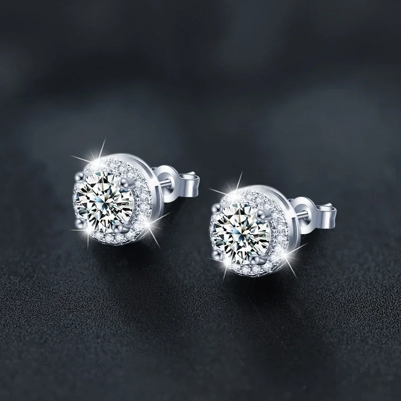 Halo Four-Prong Round Moissanite 925 Sterling Silver Stud Earrings