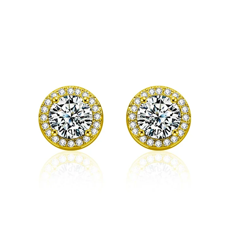 Halo Four-Prong Round Moissanite 925 Sterling Silver Stud Earrings - Gold Tone