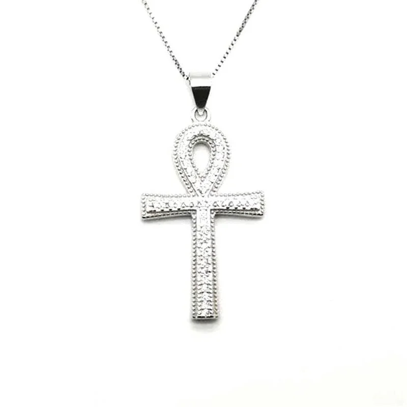 Beaded Pavé Ankh Cross 925 Sterling Silver Pendant