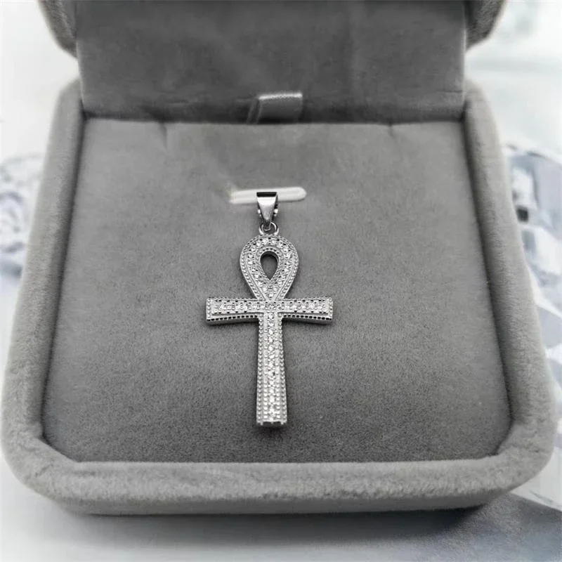 Beaded Pavé Ankh Cross 925 Sterling Silver Pendant