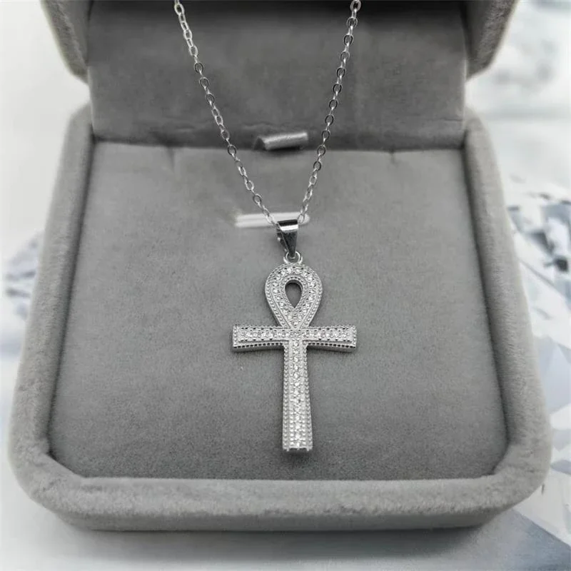 Beaded Pavé Ankh Cross 925 Sterling Silver Pendant