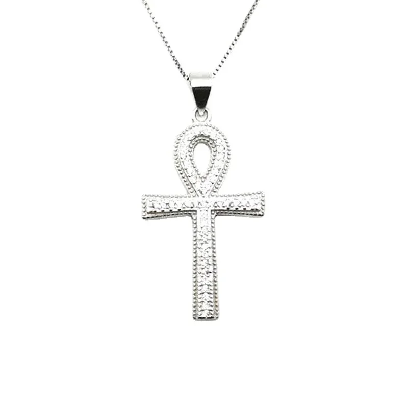 Beaded Pavé Ankh Cross 925 Sterling Silver Pendant