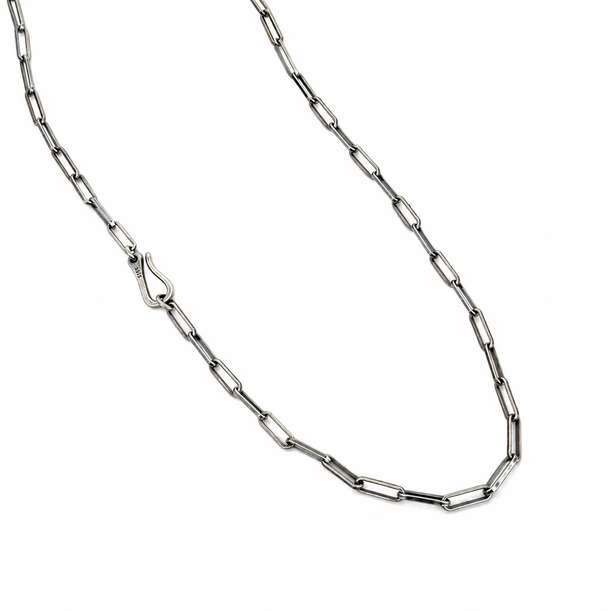 Linear Paperclip Link 925 Sterling Silver Hook Clasp Necklace
