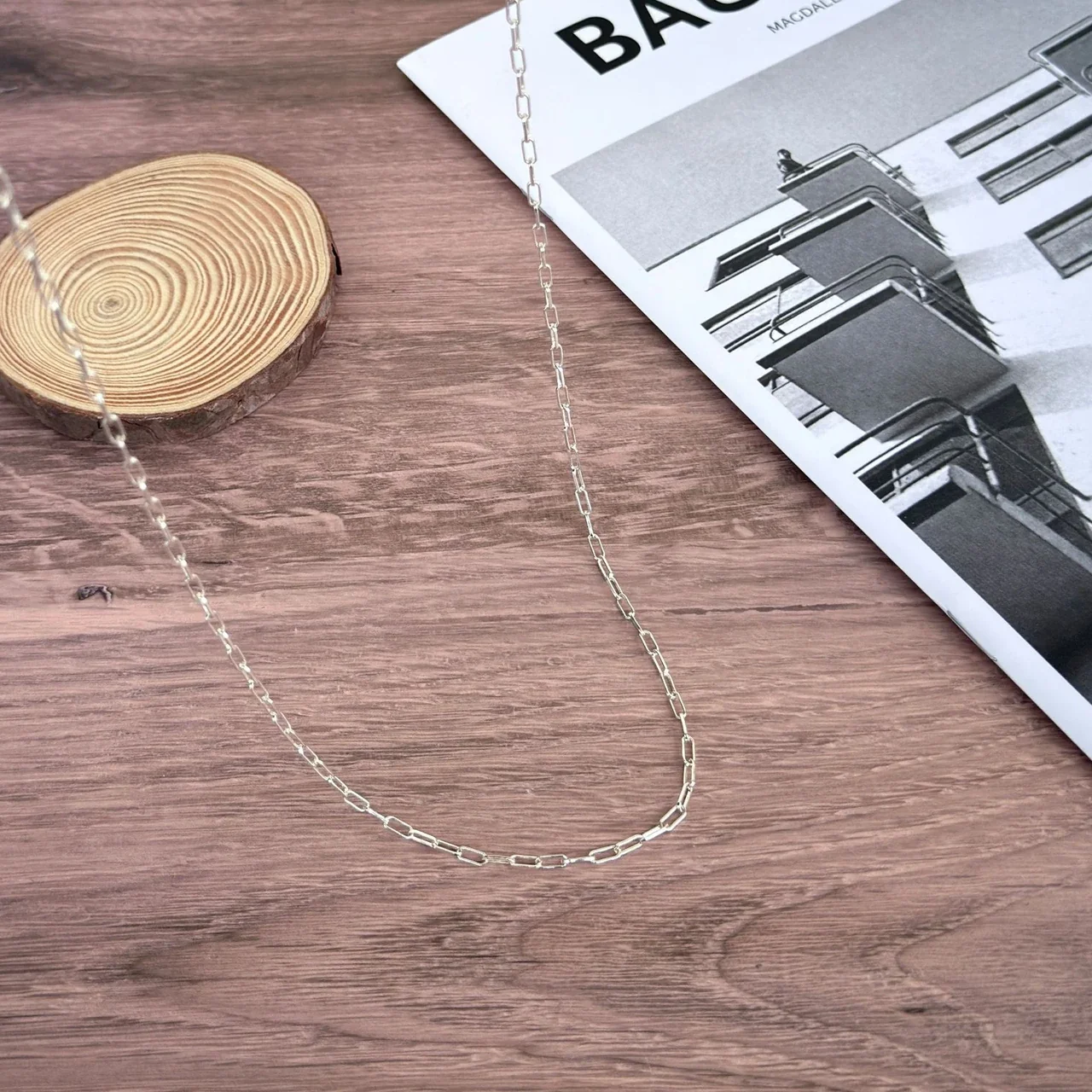 Linear Paperclip Link 925 Sterling Silver Hook Clasp Necklace
