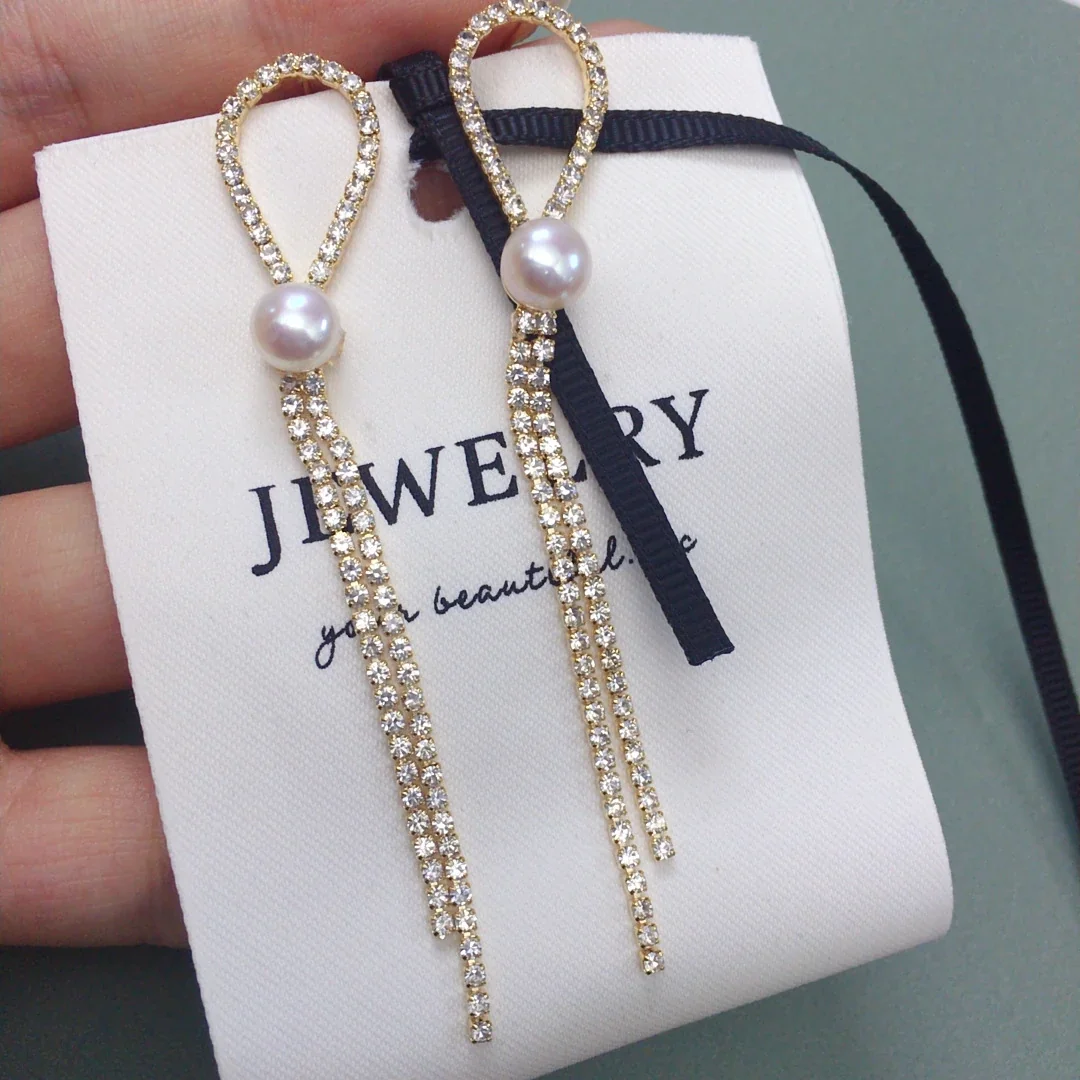 Elongated Gold-Plated Loop Fringe Freshwater Pearl Drop Earrings