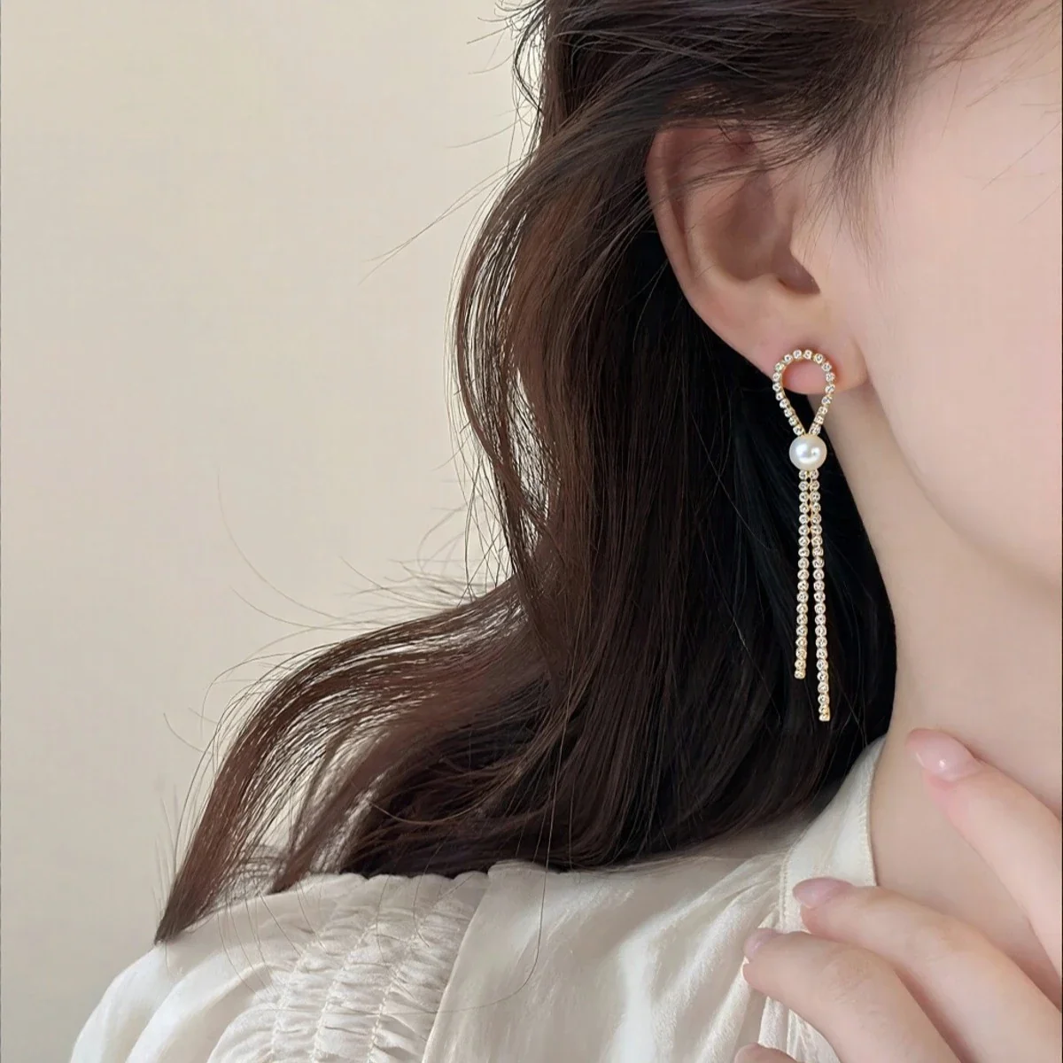 Elongated Gold-Plated Loop Fringe Freshwater Pearl Drop Earrings