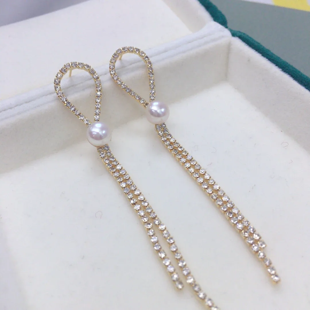 Elongated Gold-Plated Loop Fringe Freshwater Pearl Drop Earrings - Gold