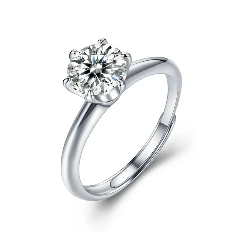 Crown Six-Prong Round Moissanite 925 Sterling Silver Ring - Silver
