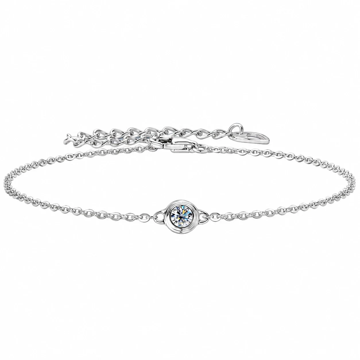 Delicate 925 Sterling Silver Bezel-Set Round Moissanite Bracelet