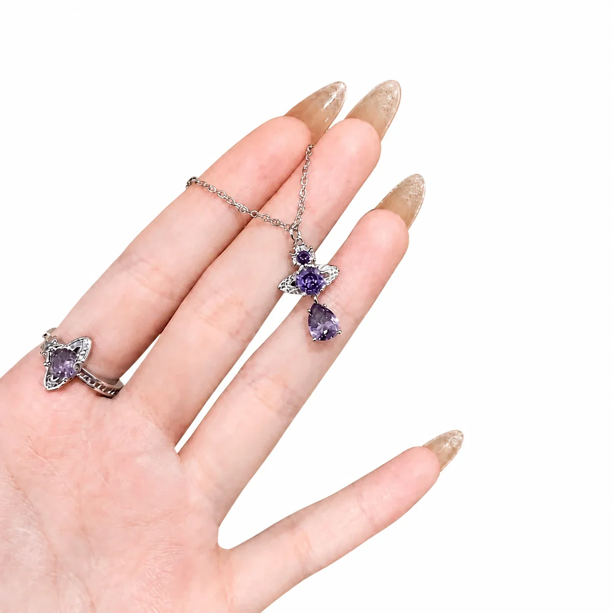Celestial Silver-Plated Purple Teardrop Wing Copper Necklace