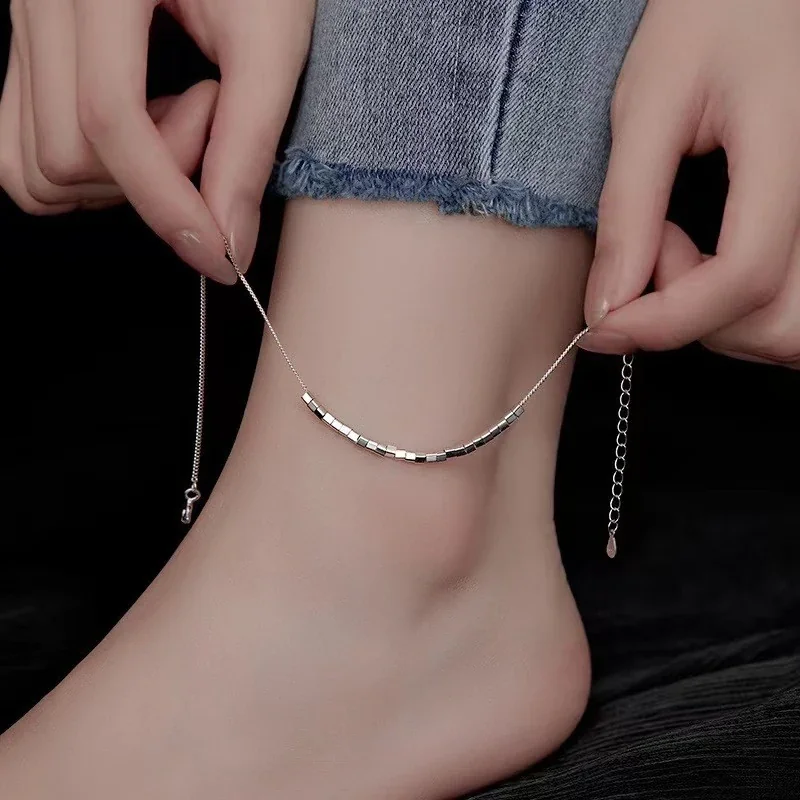 Minimal 925 Sterling Silver Square-Bead Chain Anklet