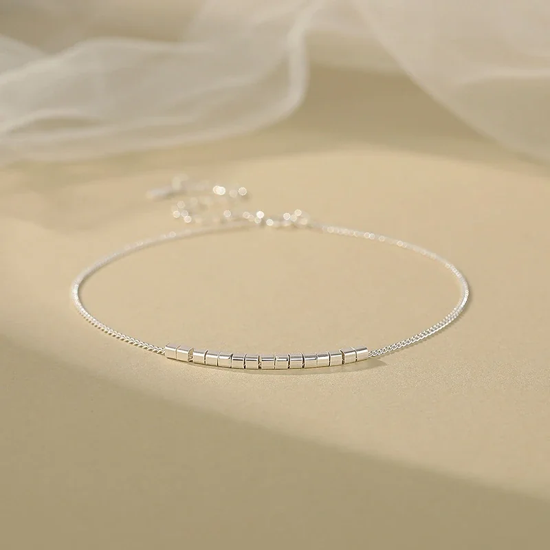 Minimal 925 Sterling Silver Square-Bead Chain Anklet - Silver