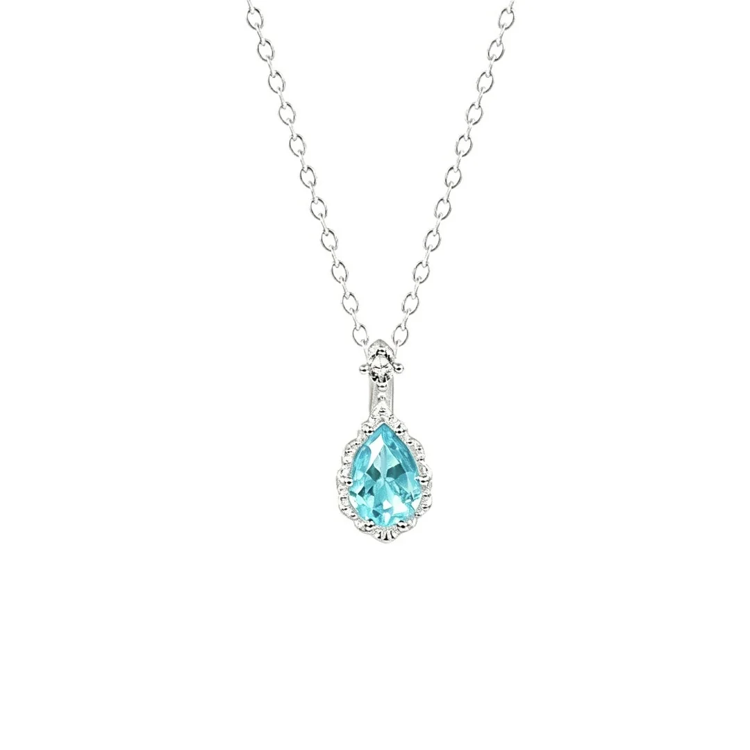 Ornate 925 Sterling Silver Aqua Teardrop Cross Pendant Necklace