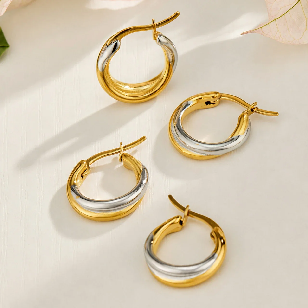 Sculptural Two-Tone Domed Stainless Steel Hoop Earrings