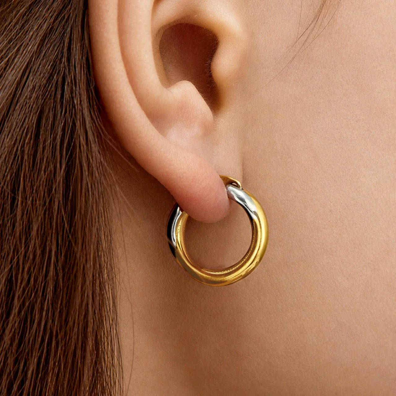 Sculptural Two-Tone Domed Stainless Steel Hoop Earrings