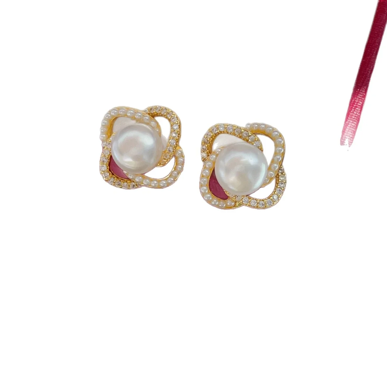 Sculptural Gold-Plated Open-Knot Crystal Freshwater Pearl Stud Earrings