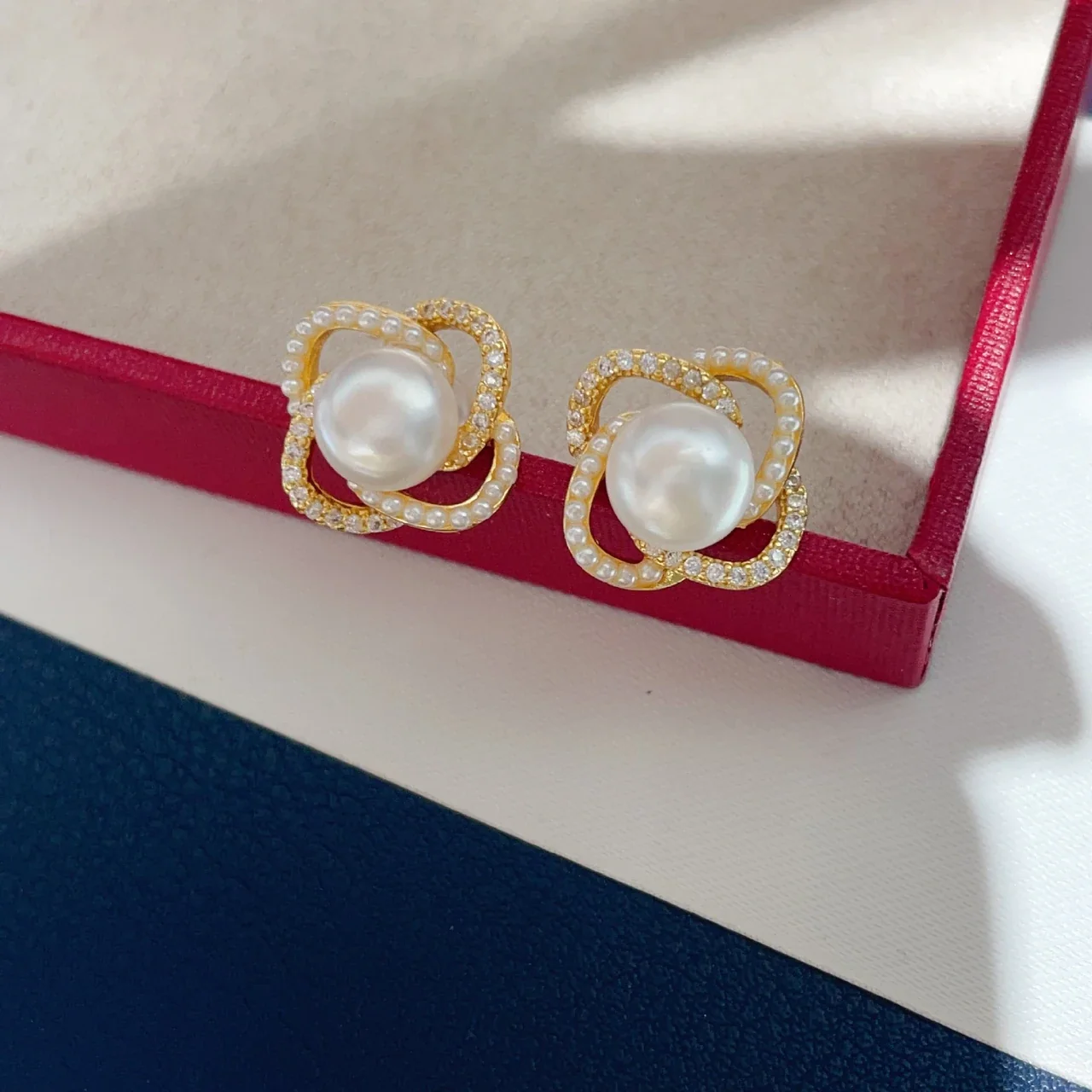 Sculptural Gold-Plated Open-Knot Crystal Freshwater Pearl Stud Earrings