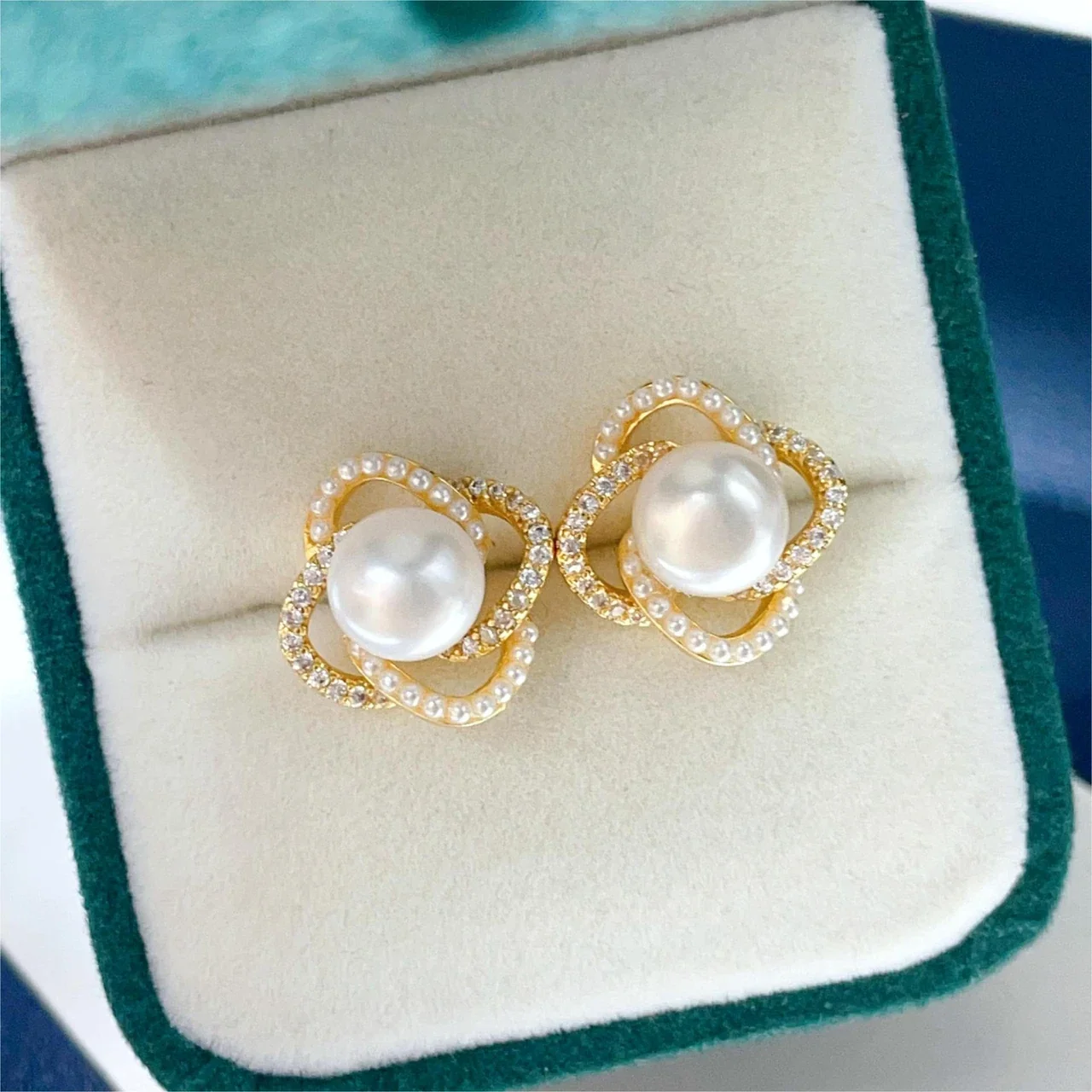 Sculptural Gold-Plated Open-Knot Crystal Freshwater Pearl Stud Earrings