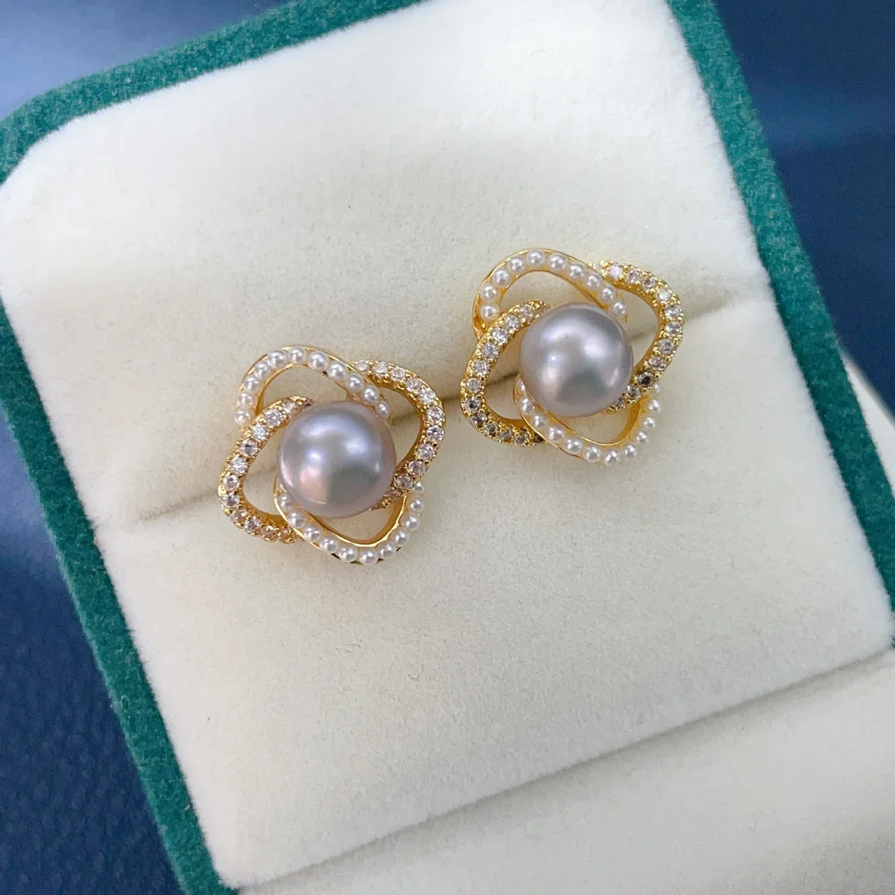 Sculptural Gold-Plated Open-Knot Crystal Freshwater Pearl Stud Earrings