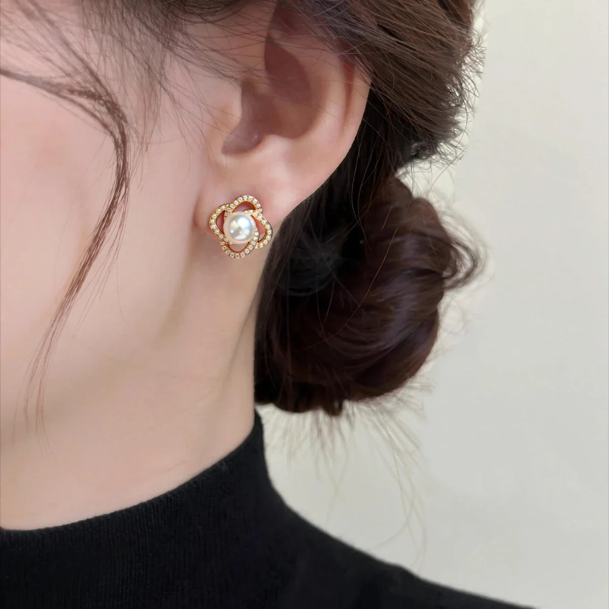 Sculptural Gold-Plated Open-Knot Crystal Freshwater Pearl Stud Earrings