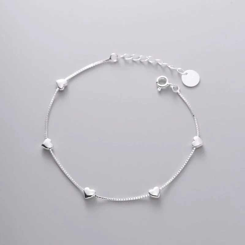 Delicate 925 Sterling Silver Five Heart Box Chain Bracelet