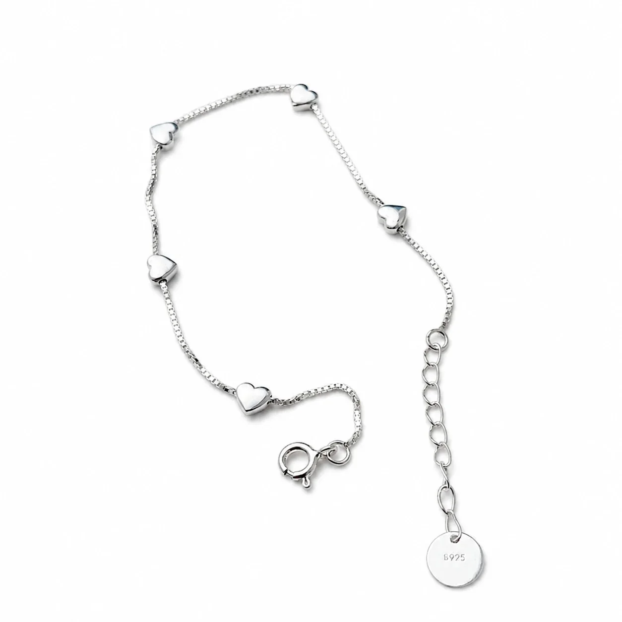 Delicate 925 Sterling Silver Five Heart Box Chain Bracelet