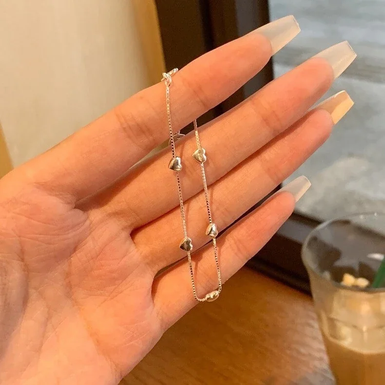 Delicate 925 Sterling Silver Five Heart Box Chain Bracelet