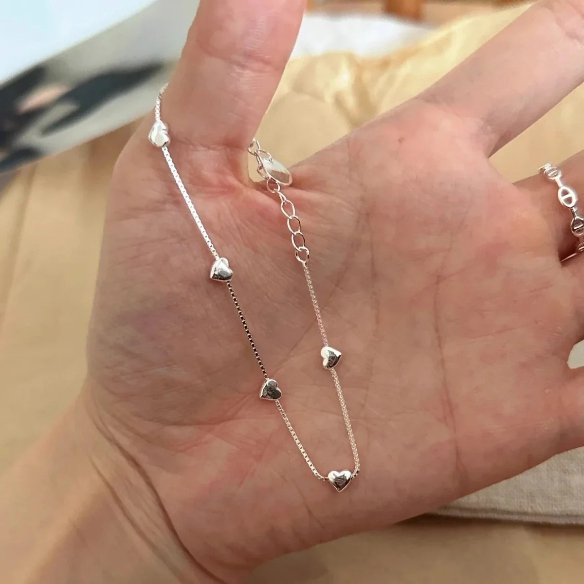 Delicate 925 Sterling Silver Five Heart Box Chain Bracelet