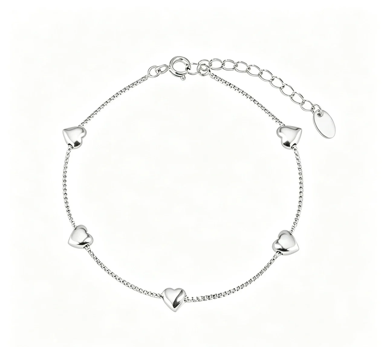 Delicate 925 Sterling Silver Five Heart Box Chain Bracelet - Silver 16+3 cm
