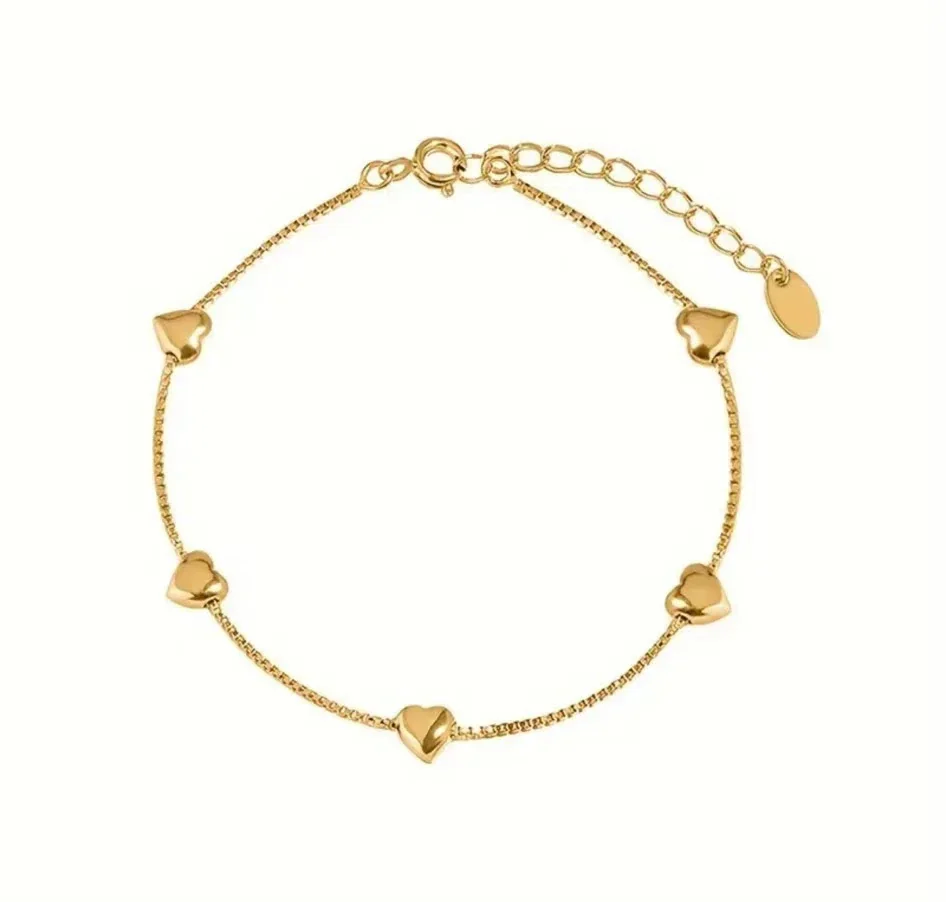Delicate 925 Sterling Silver Five Heart Box Chain Bracelet - Gold 16+3 cm