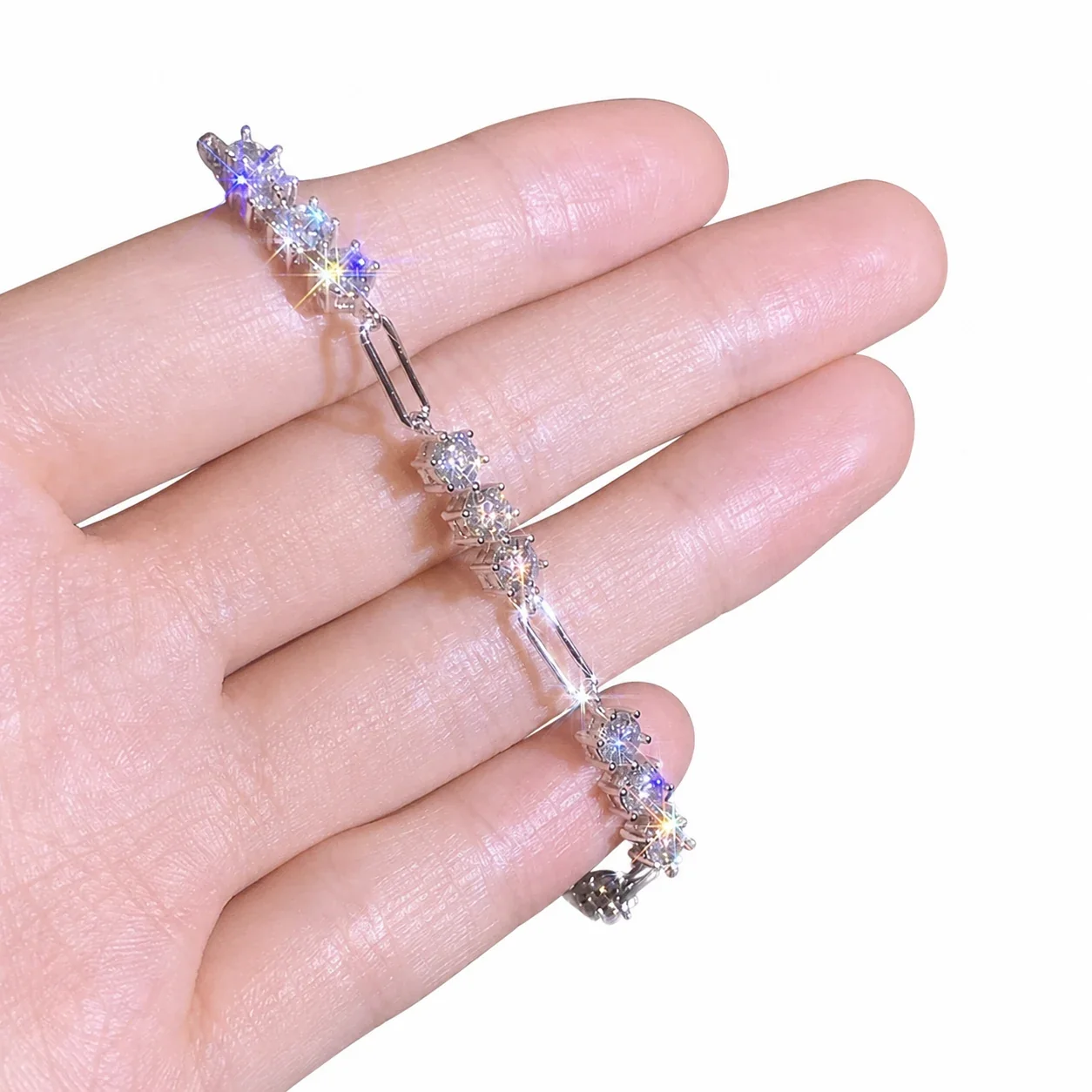 Luminous Paperclip Round Moissanite 925 Sterling Silver Bracelet