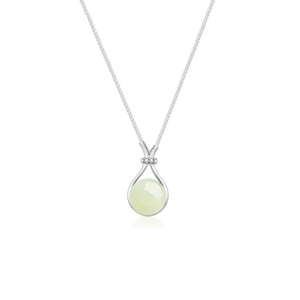 Polished 925 Sterling Silver Lucky Bag Jade Bead Necklace - Silver