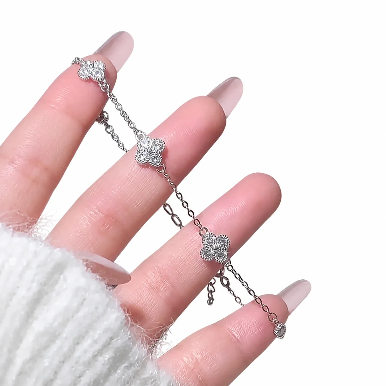 Delicate Clover Pavé Crystal 925 Sterling Silver Bracelet