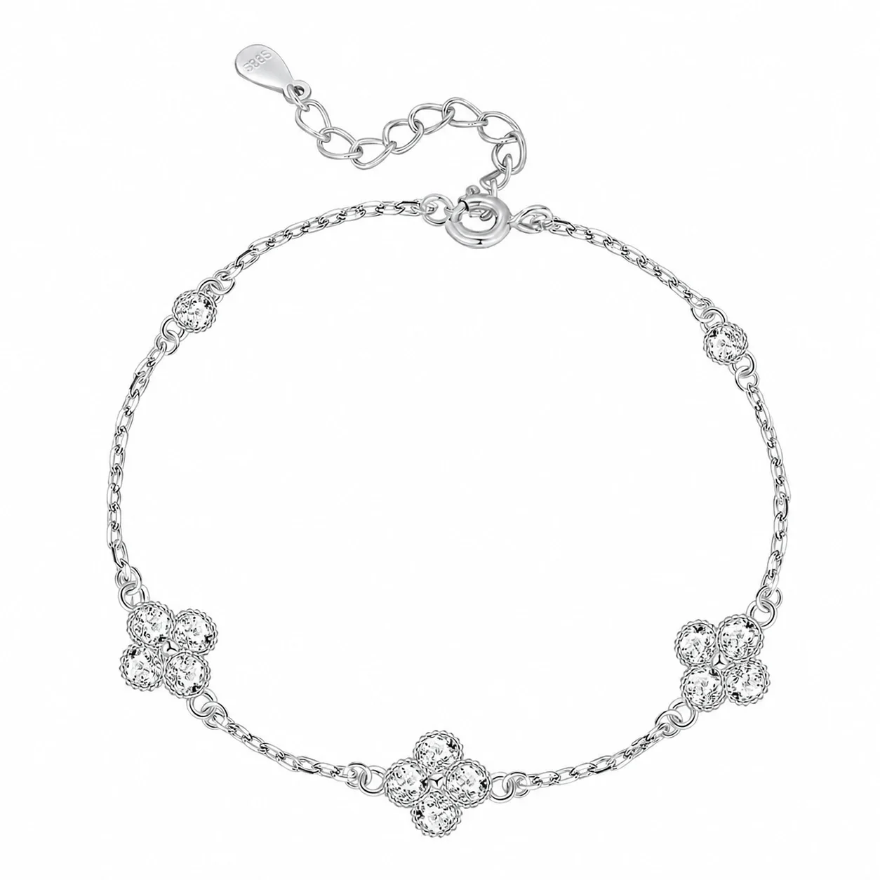 Delicate Clover Pavé Crystal 925 Sterling Silver Bracelet - Silver