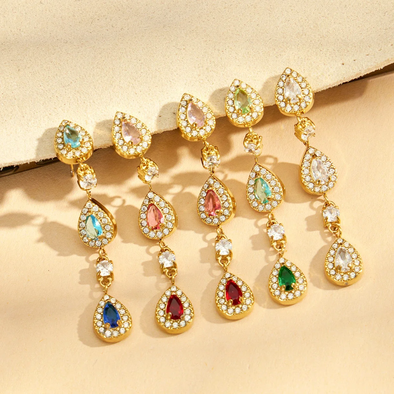 Ornate Gold PVD Stainless Steel Teardrop Pavé CZ Drop Earrings