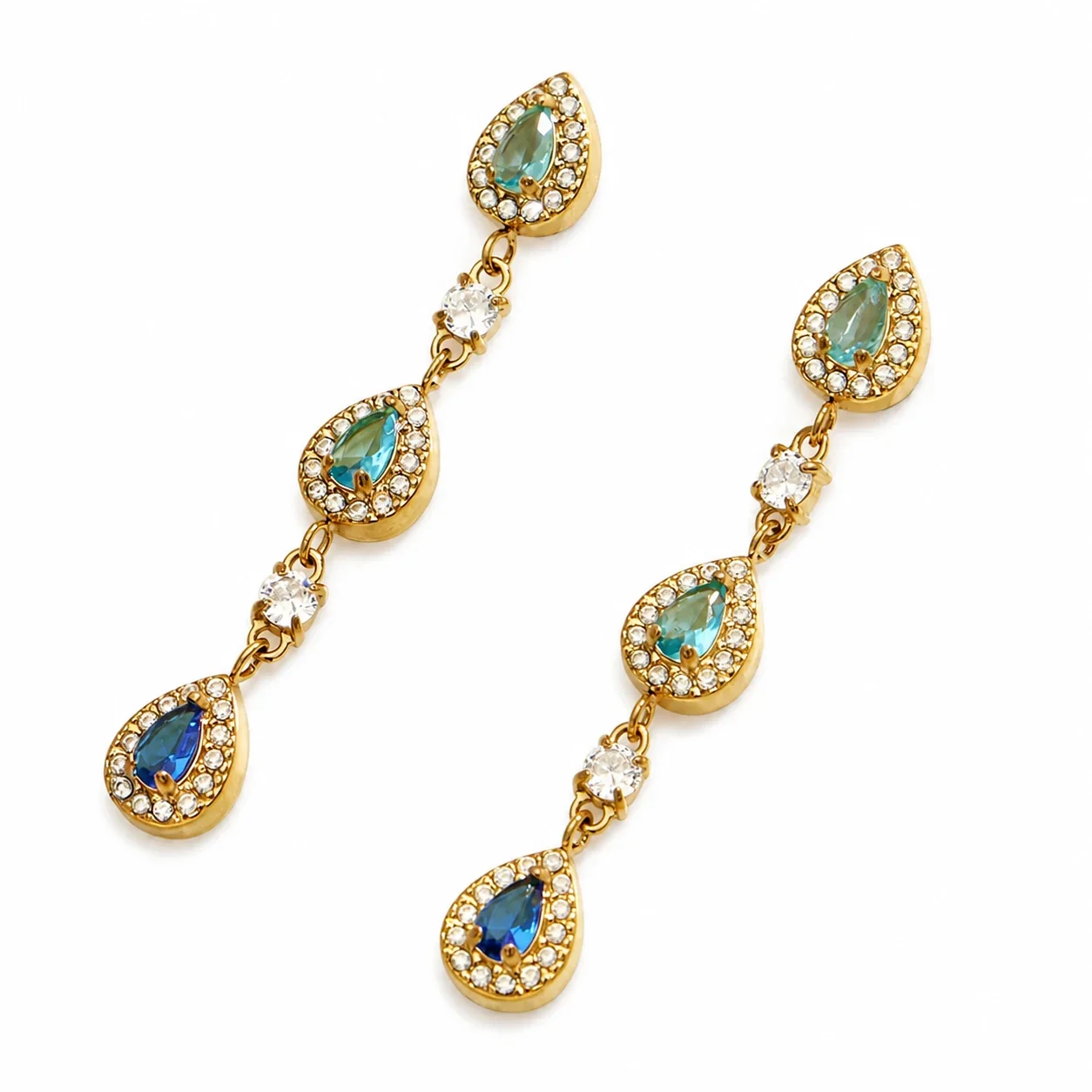 Ornate Gold PVD Stainless Steel Teardrop Pavé CZ Drop Earrings