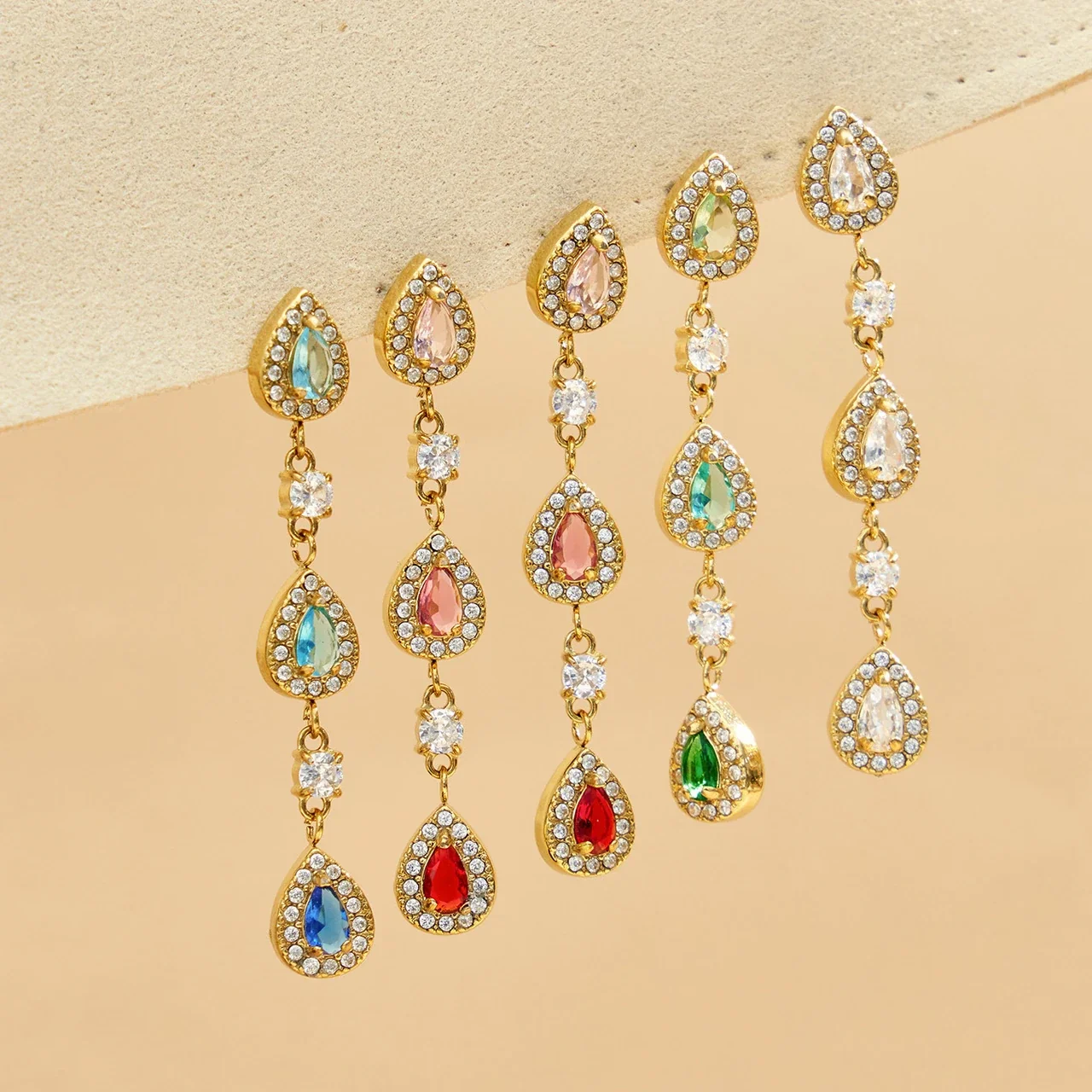 Ornate Gold PVD Stainless Steel Teardrop Pavé CZ Drop Earrings