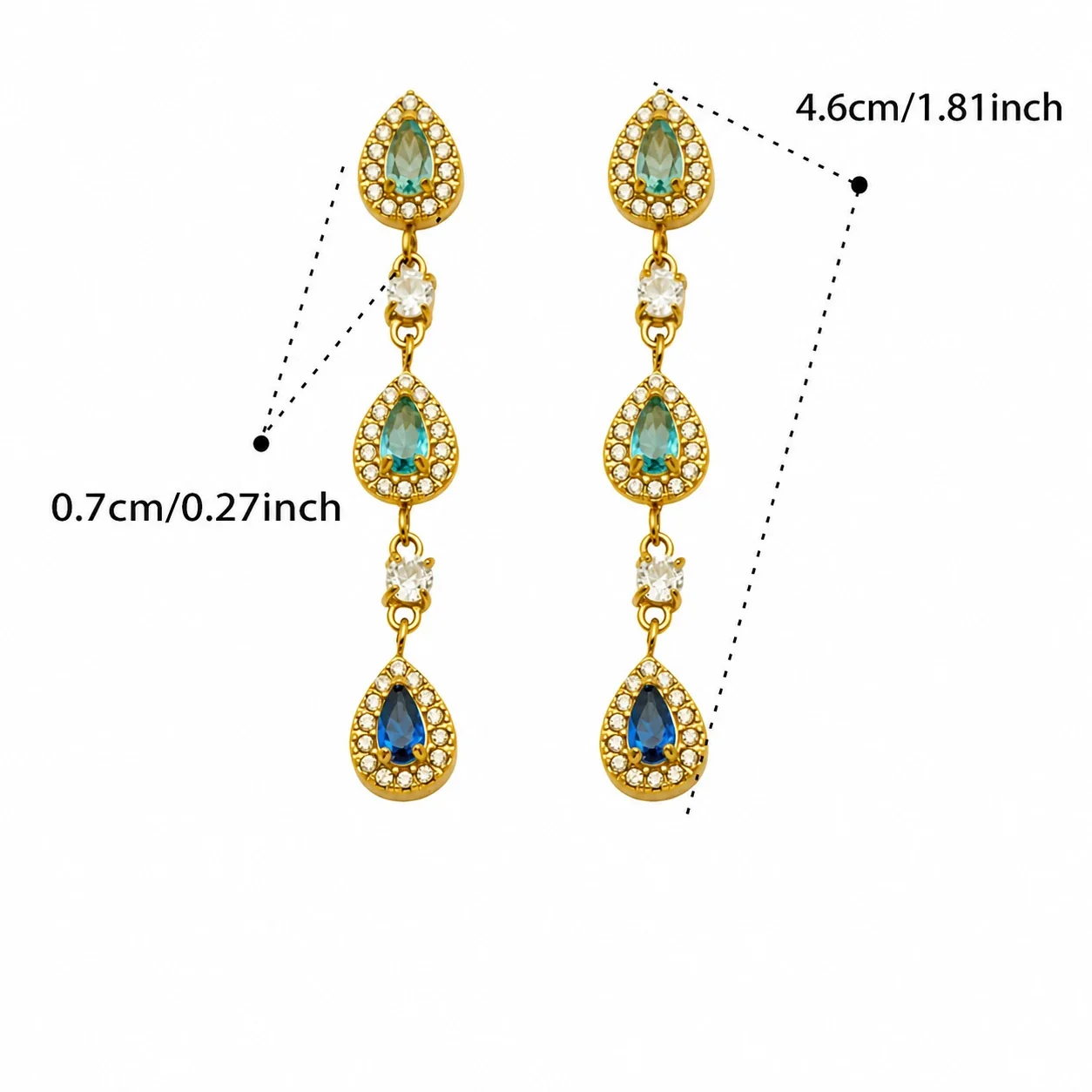 Ornate Gold PVD Stainless Steel Teardrop Pavé CZ Drop Earrings - Gold Blue CZ