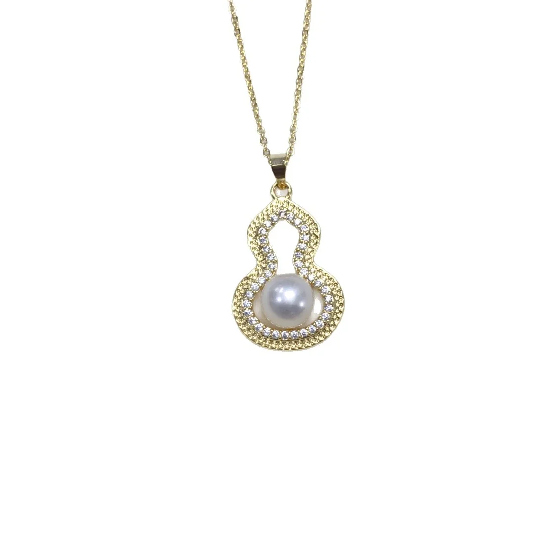 Gourd Gold-Plated Pavé CZ Pearl Pendant Necklace