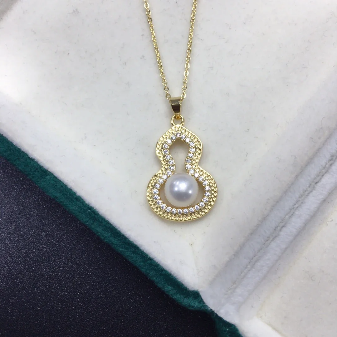 Gourd Gold-Plated Pavé CZ Pearl Pendant Necklace