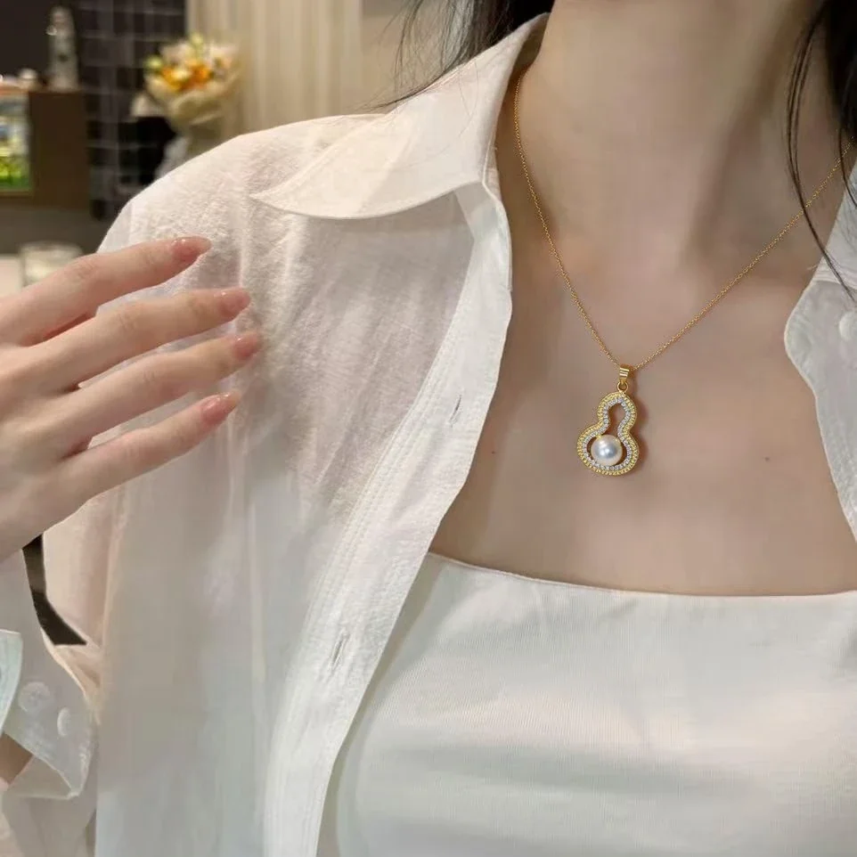 Gourd Gold-Plated Pavé CZ Pearl Pendant Necklace