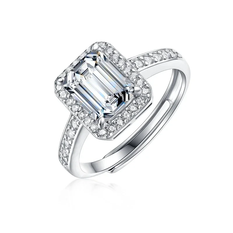 Radiant 925 Sterling Silver Emerald-Cut Halo Moissanite Ring