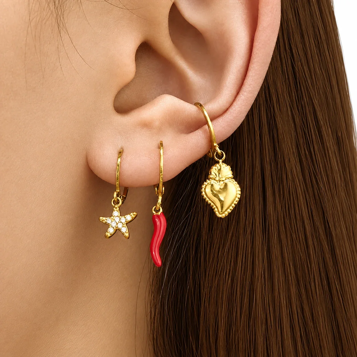 Playful Starfish Chili Heart Stainless Steel Hoop Earrings