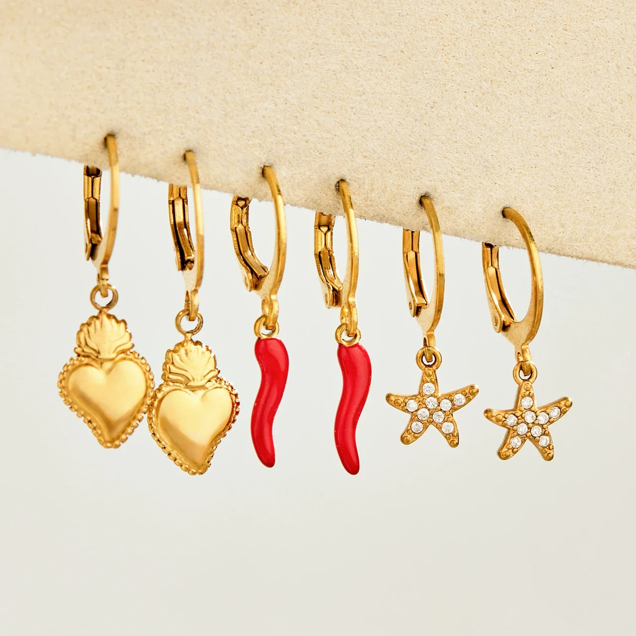 Playful Starfish Chili Heart Stainless Steel Hoop Earrings